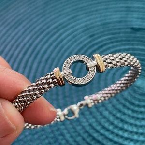 Sterling silver and 14k gold mesh bangle bracelet w/diam